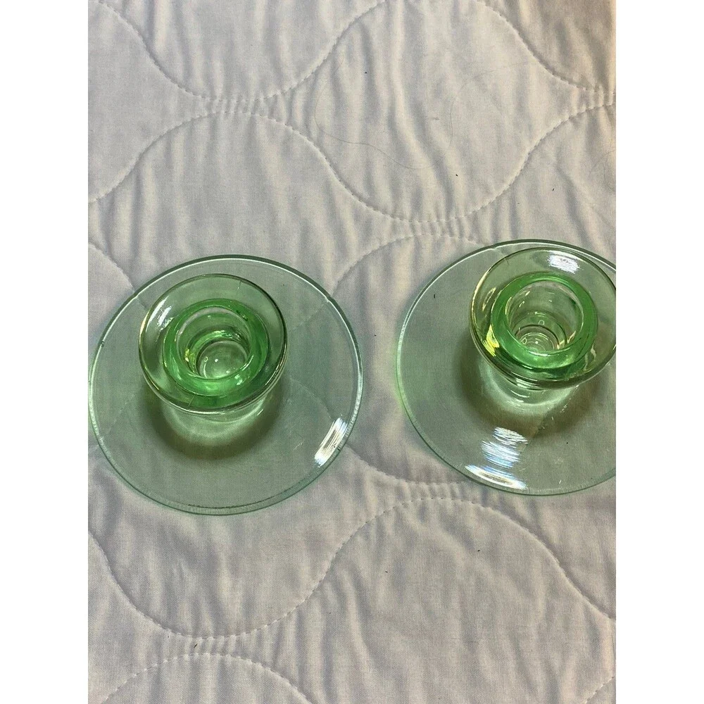 Green Depression Uranium Vaseline Glass Glow Glass 2 Candleholders